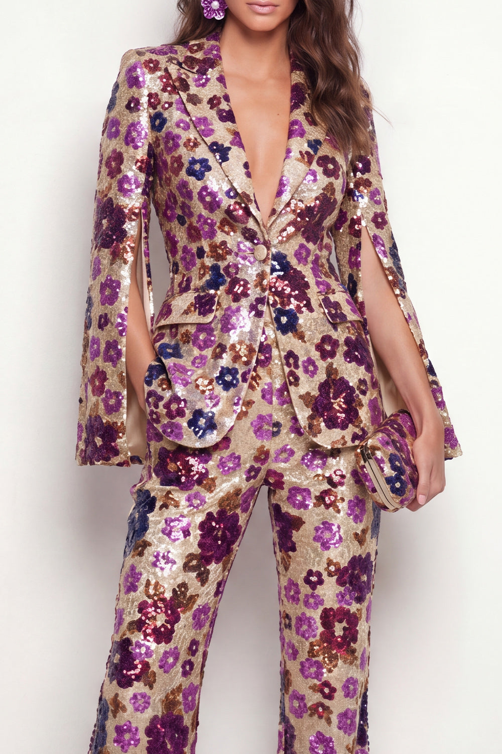 Single Breasted Black Floral 2 Piece Peak Lapel Business Suits with Pockets