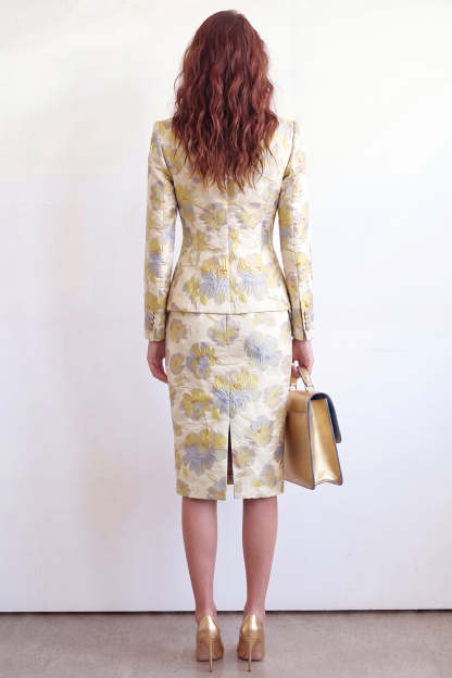 Single Breasted Yellow Flower Midi 2 Piece Peak Lapel Business Suits