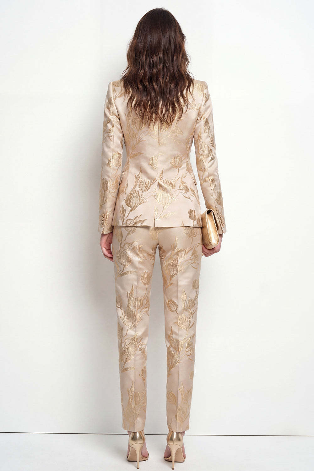 2 Piece Floral Peak Lapel Golden Single Breasted Business Suits with Pockets