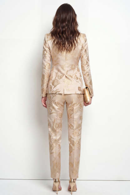 2 Piece Floral Peak Lapel Golden Single Breasted Business Suits with Pockets