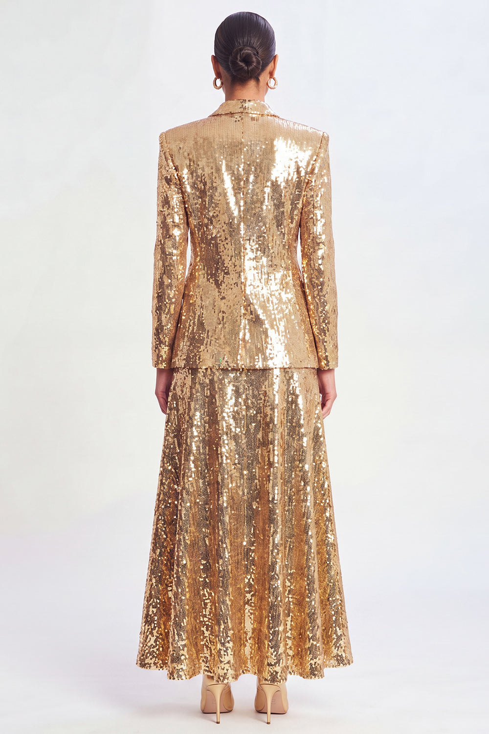 Sparkly Golden Sequin 2 Piece Shawl Lapel Long Women Party Suits