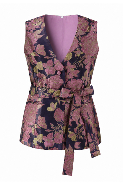 2 Piece Navy Pink Floral V-Neck Long Prom Suits with Belt