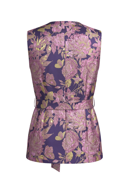 2 Piece Navy Pink Floral V-Neck Long Prom Suits with Belt