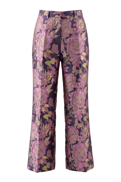 2 Piece Navy Pink Floral V-Neck Long Prom Suits with Belt