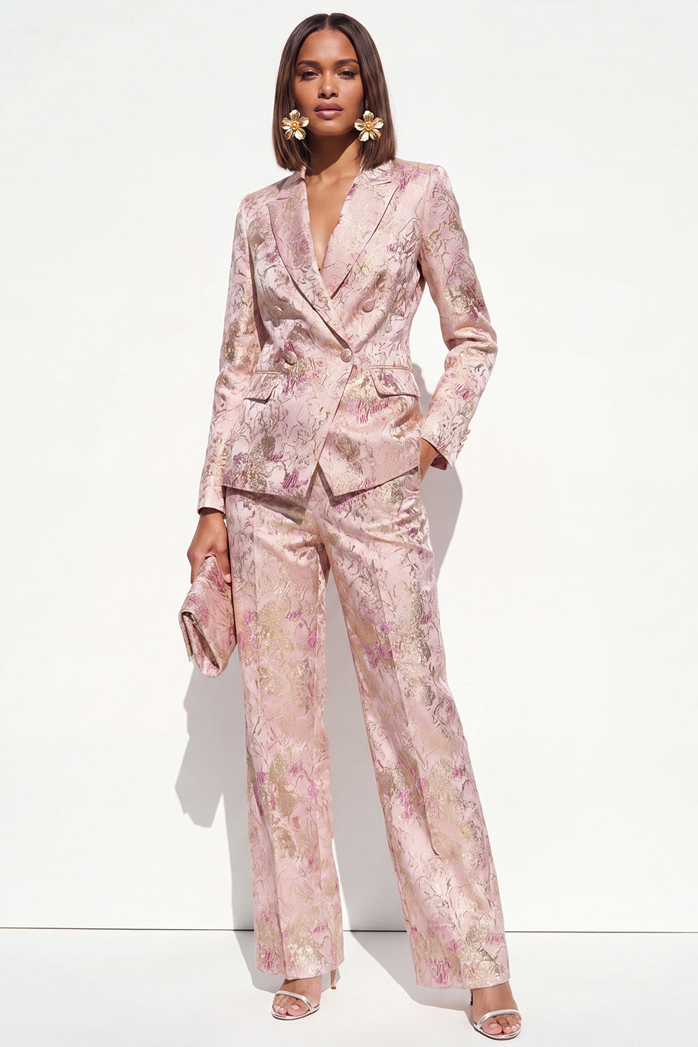 2 Piece Blush Floral Peak Lapel Double Breasted Prom Suits with Pockets
