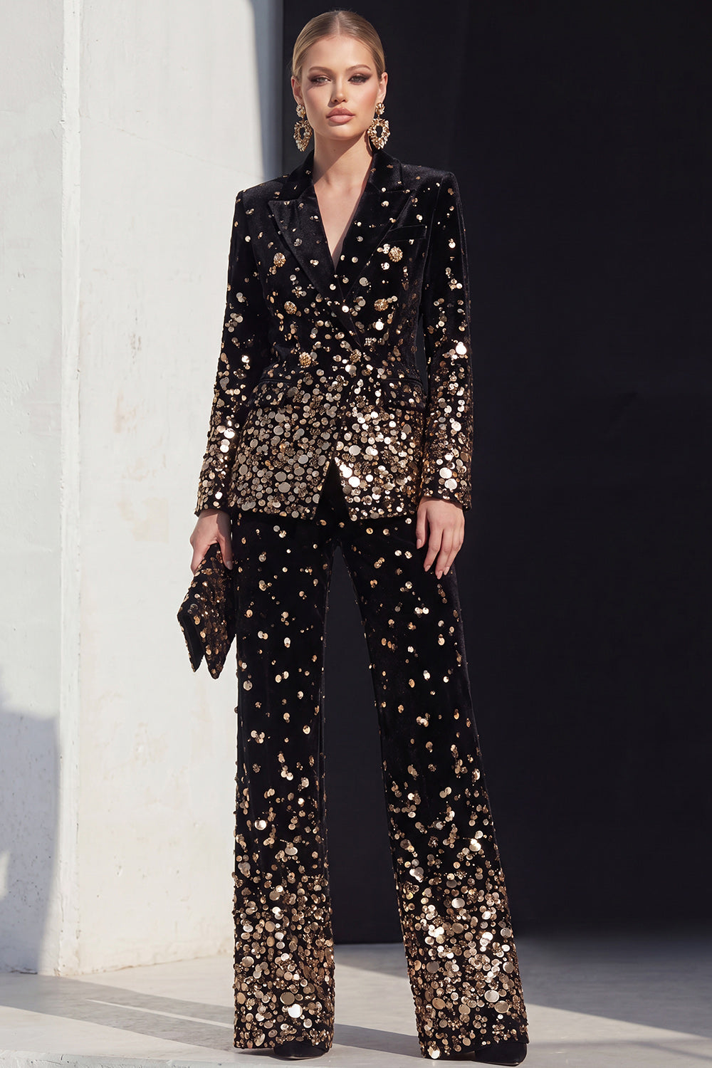 Sparkly Black Champagne Peak Lapel 2 Piece Sequins Prom Suits