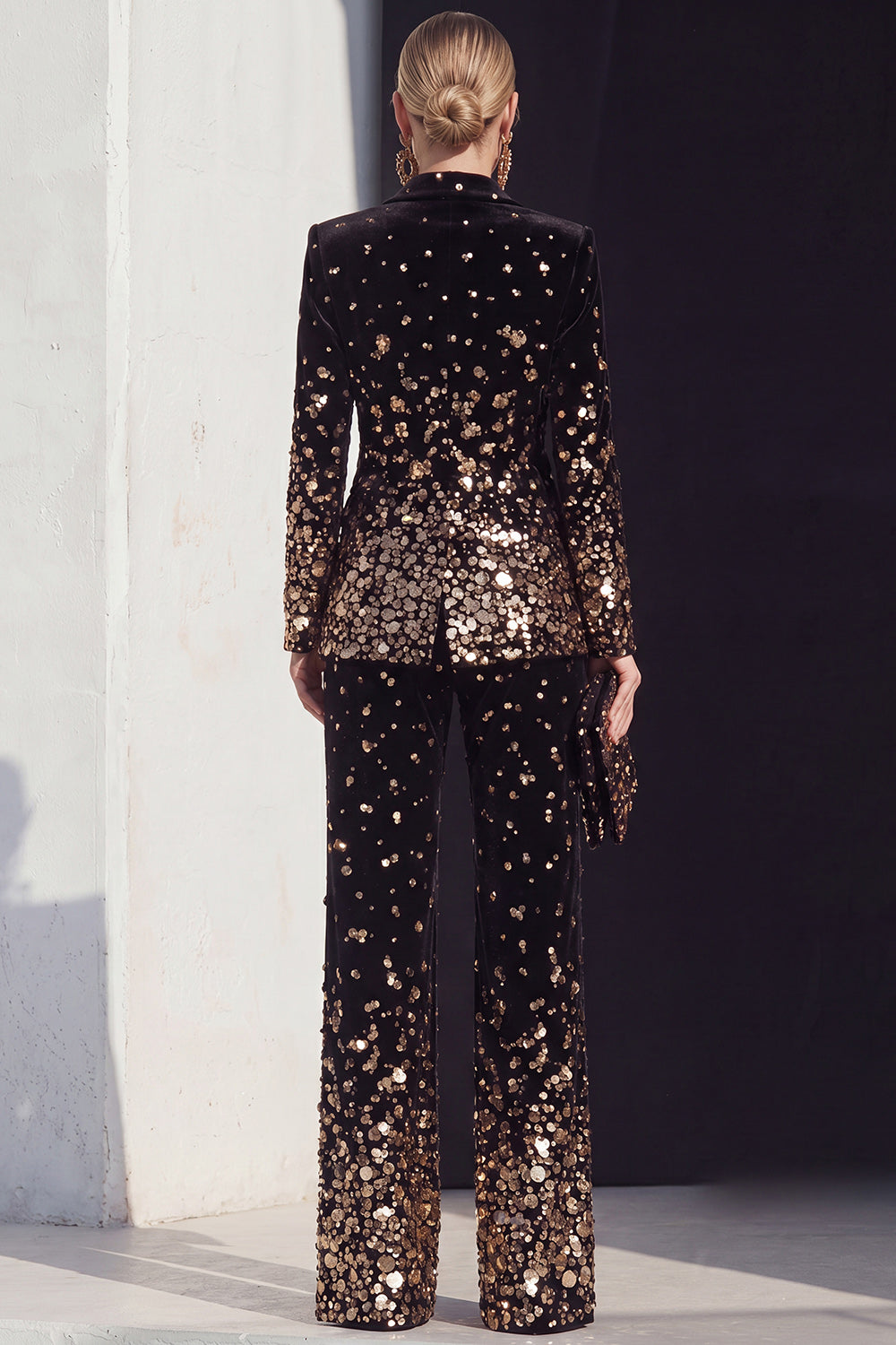 Sparkly Black Champagne Peak Lapel 2 Piece Sequins Prom Suits