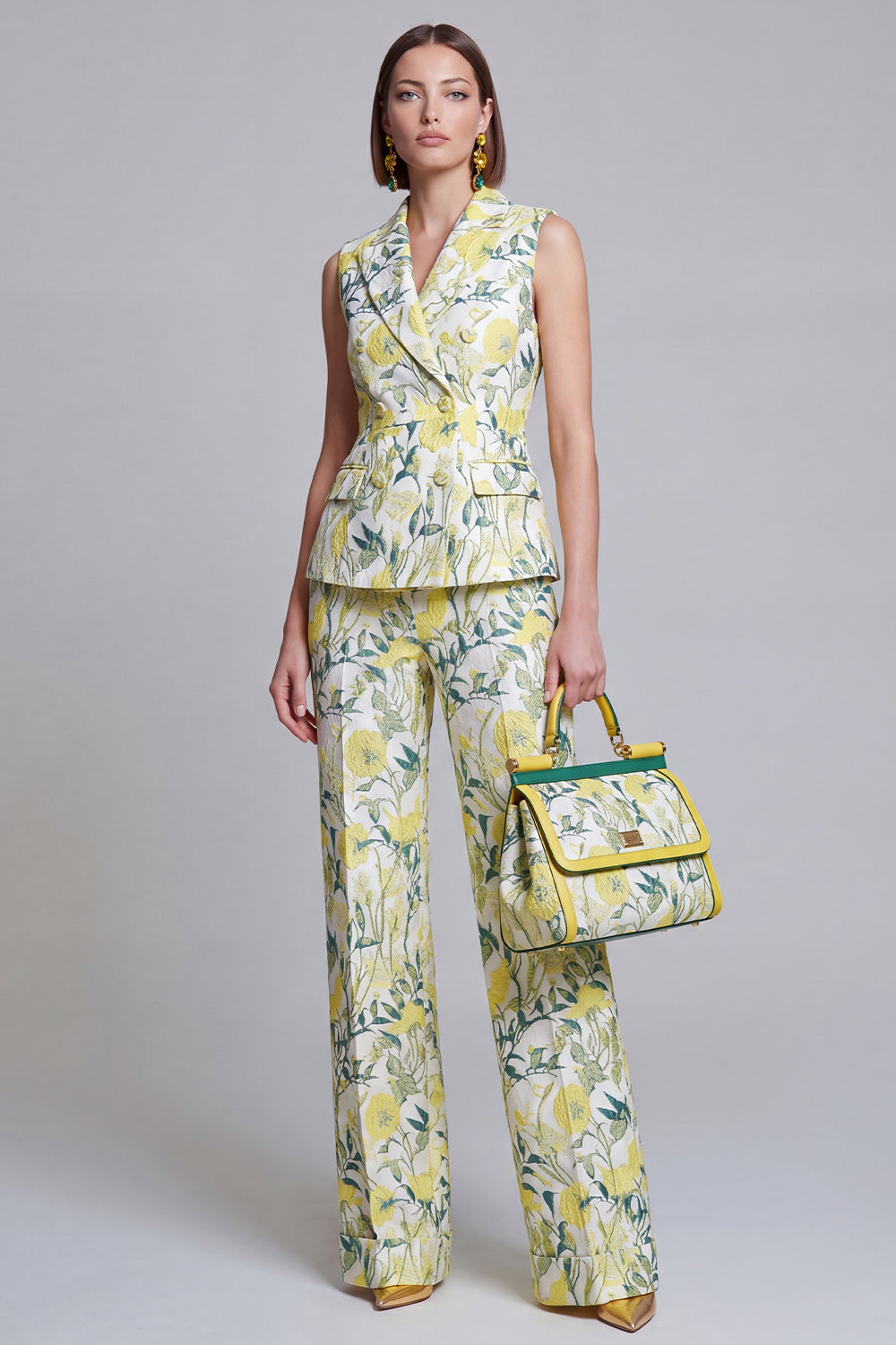 Ivory Yellow Flower Peak Lapel Double Breasted Prom Suits