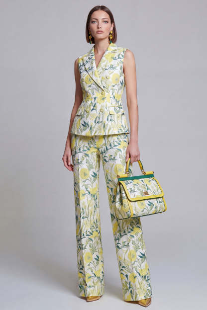 Ivory Yellow Flower Peak Lapel Double Breasted Prom Suits