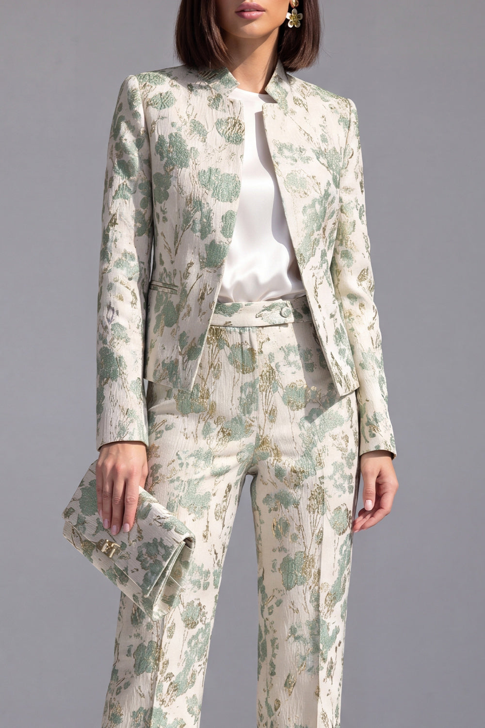 Dark Blue Floral 2 Piece Slim Fit Prom Suits with Sleeves