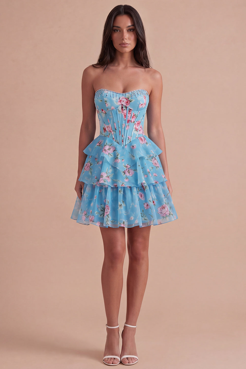Blue Floral Corset Ruffled Strapless Short Homecoming Dress
