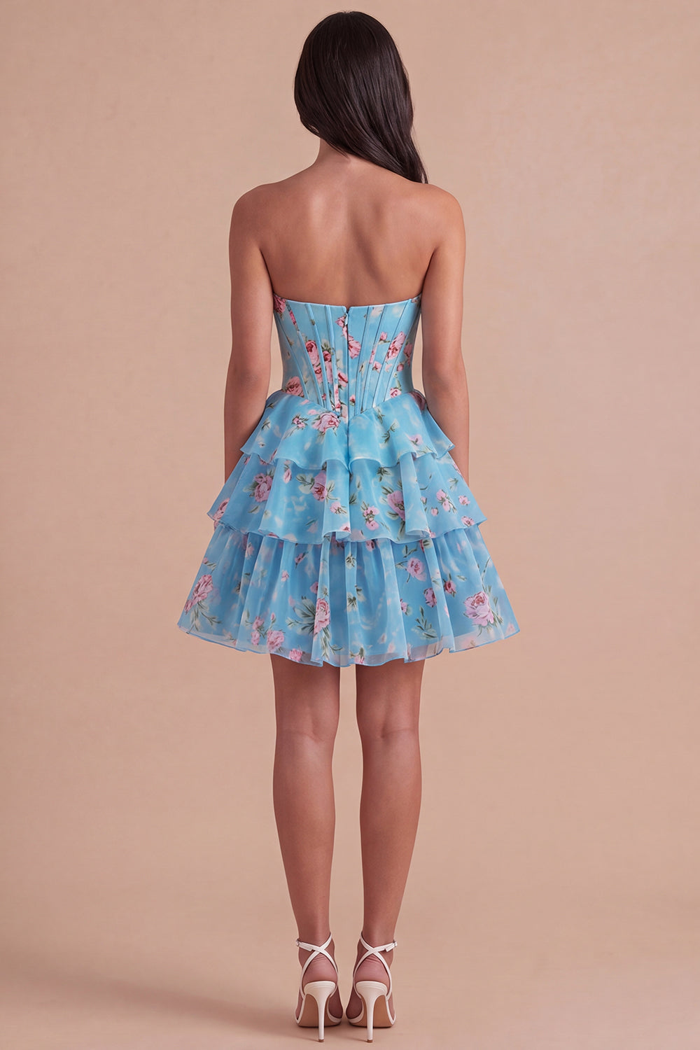 Blue Floral Corset Ruffled Strapless Short Homecoming Dress