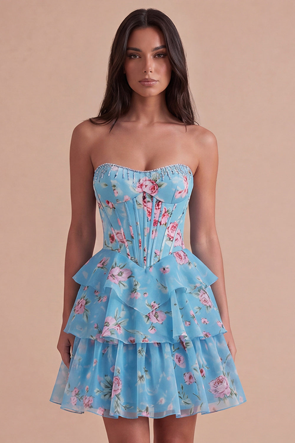 Leely Women Blue Floral Corset Short Homecoming Dress Ruffled Tiered Strapless A Line Cocktail Dress