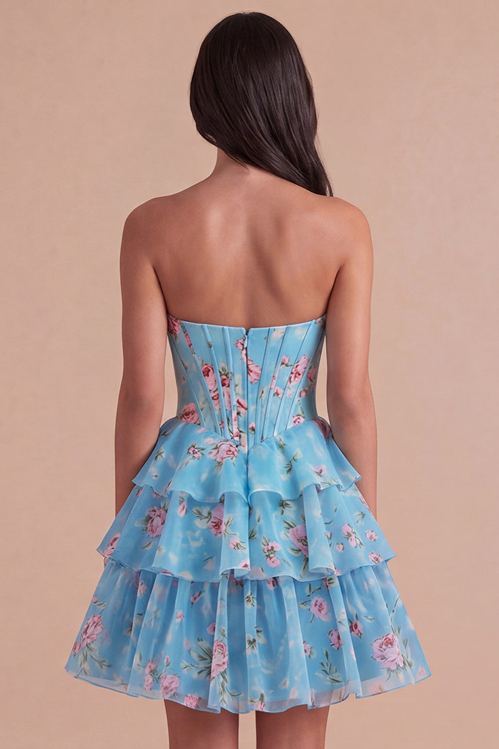 Blue Floral Corset Ruffled Strapless Short Homecoming Dress