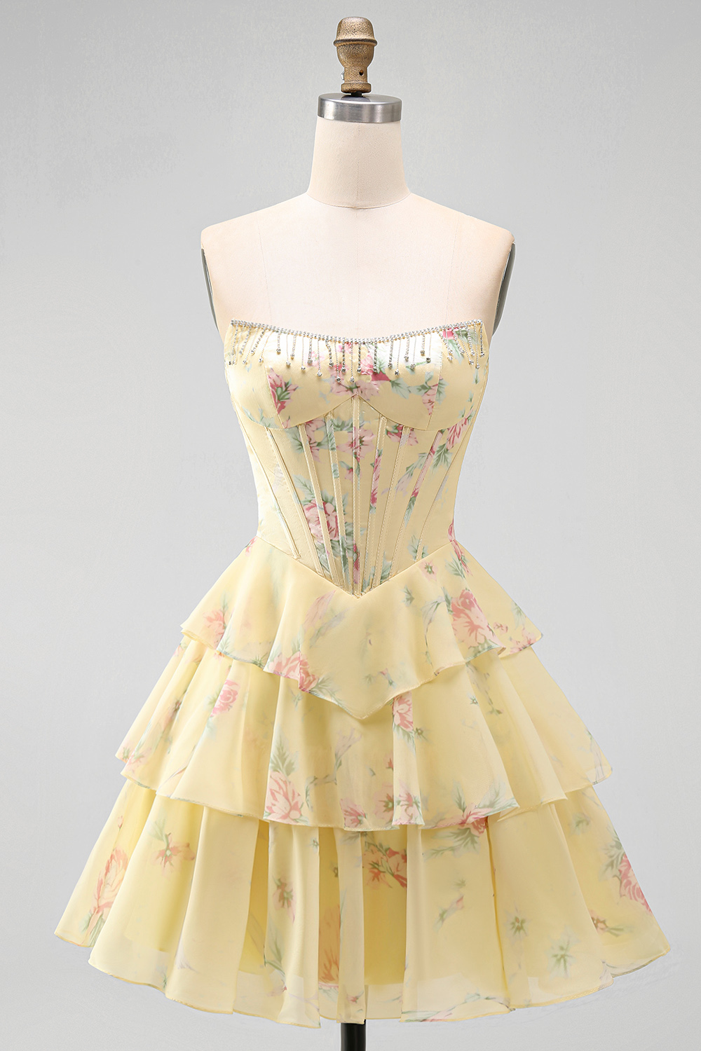 Blue Floral Corset Ruffled Strapless Short Homecoming Dress
