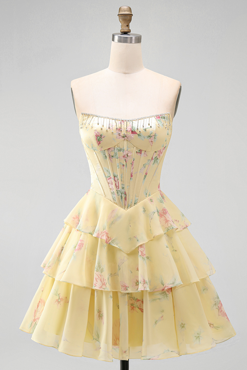 Blue Floral Corset Ruffled Strapless Short Homecoming Dress