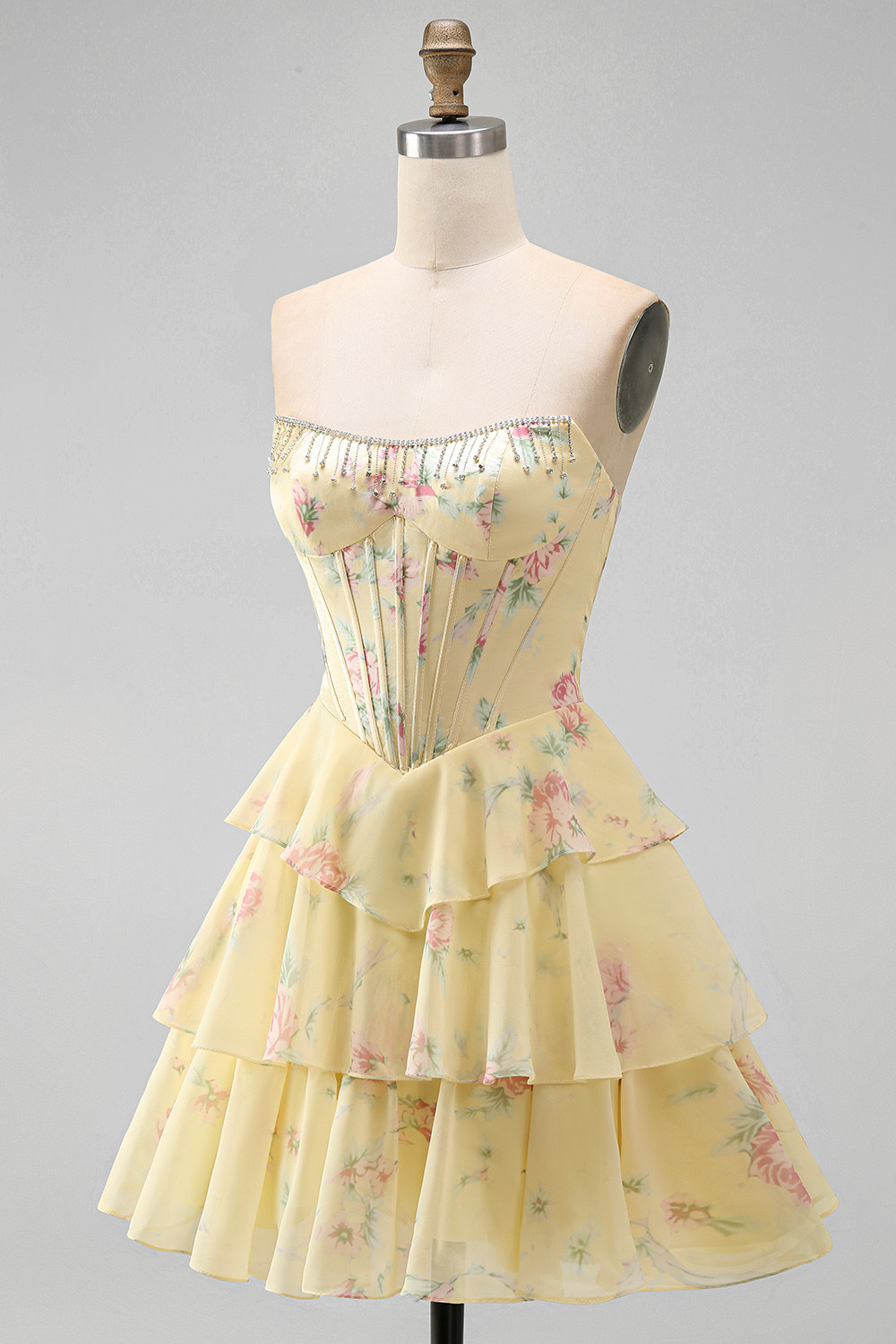 Blue Floral Corset Ruffled Strapless Short Homecoming Dress