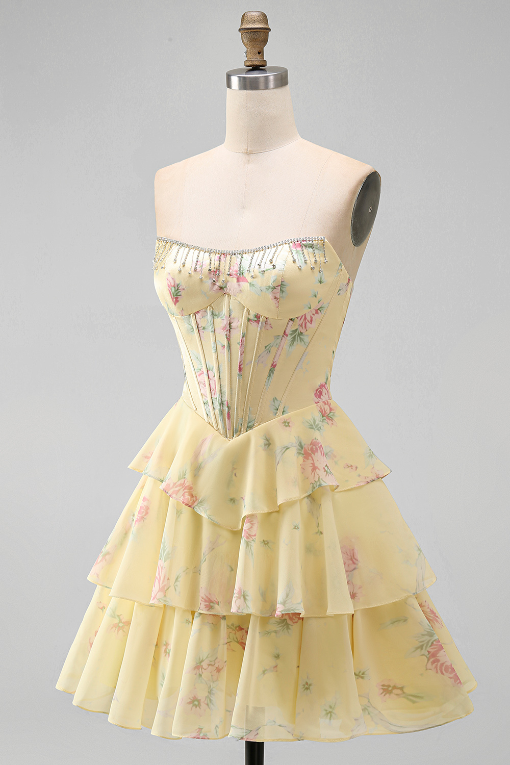 Blue Floral Corset Ruffled Strapless Short Homecoming Dress