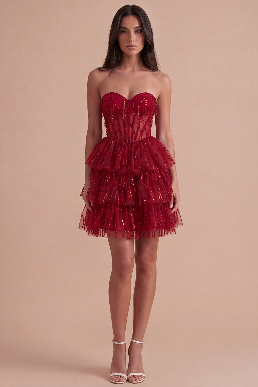 Sparkly Burgundy A Line Tiered Sequined Corset Short Homecoming Dress