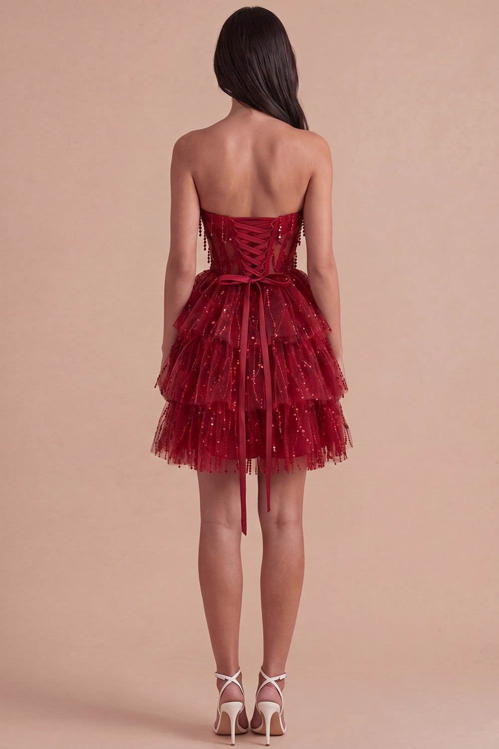 Sparkly Burgundy A Line Tiered Sequined Corset Short Homecoming Dress