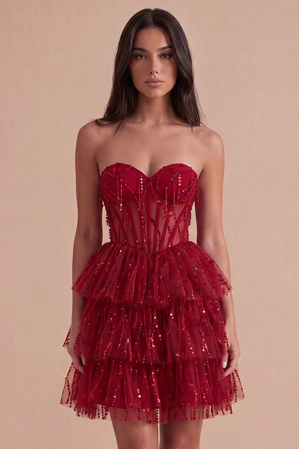 Sparkly Burgundy A Line Tiered Sequined Corset Short Homecoming Dress