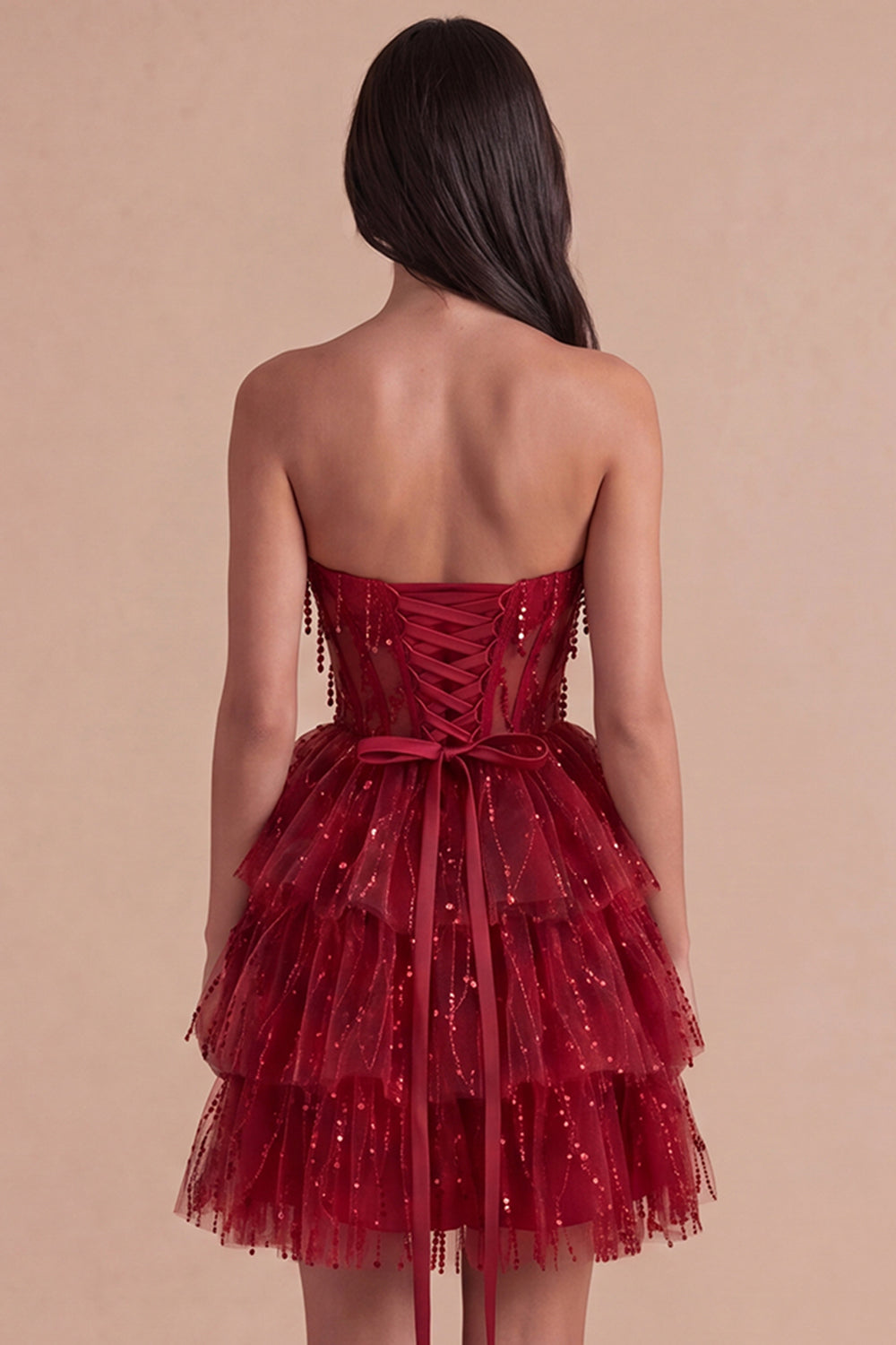 Sparkly Burgundy A Line Tiered Sequined Corset Short Homecoming Dress