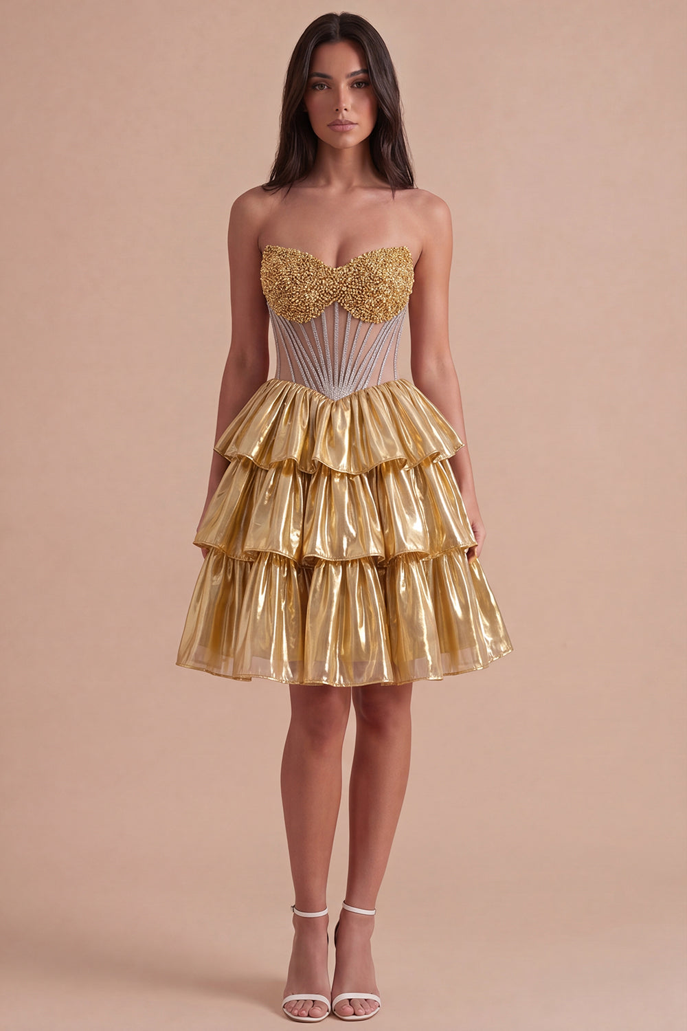 Sparkly Beaded Golden A Line Tiered Short Homecoming Dress
