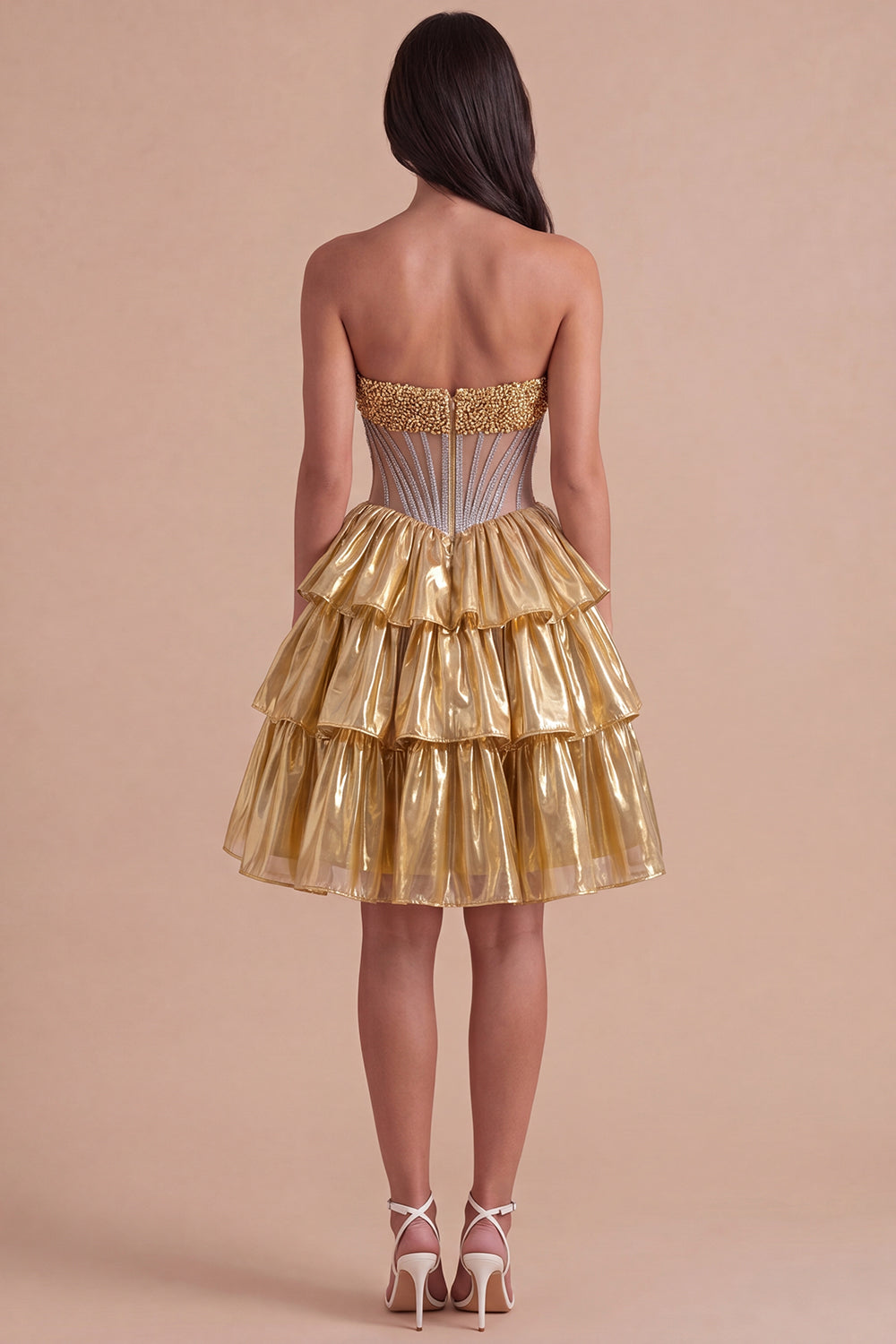 Sparkly Beaded Golden A Line Tiered Short Homecoming Dress