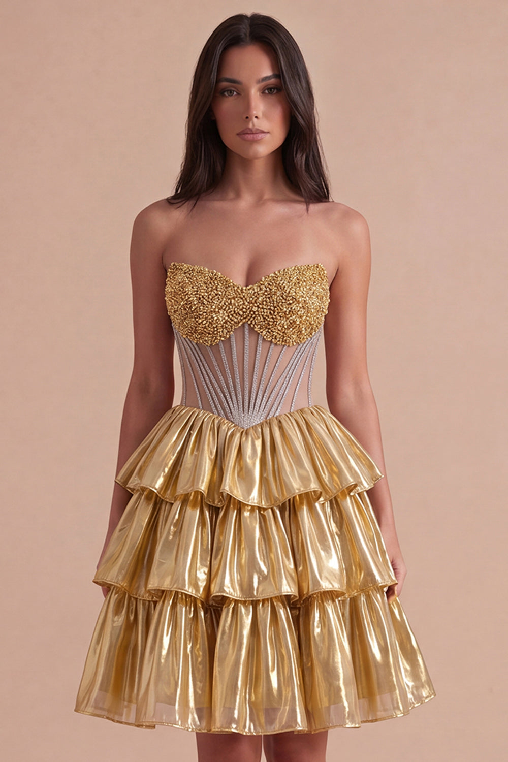 Sparkly Beaded Golden A Line Tiered Short Homecoming Dress