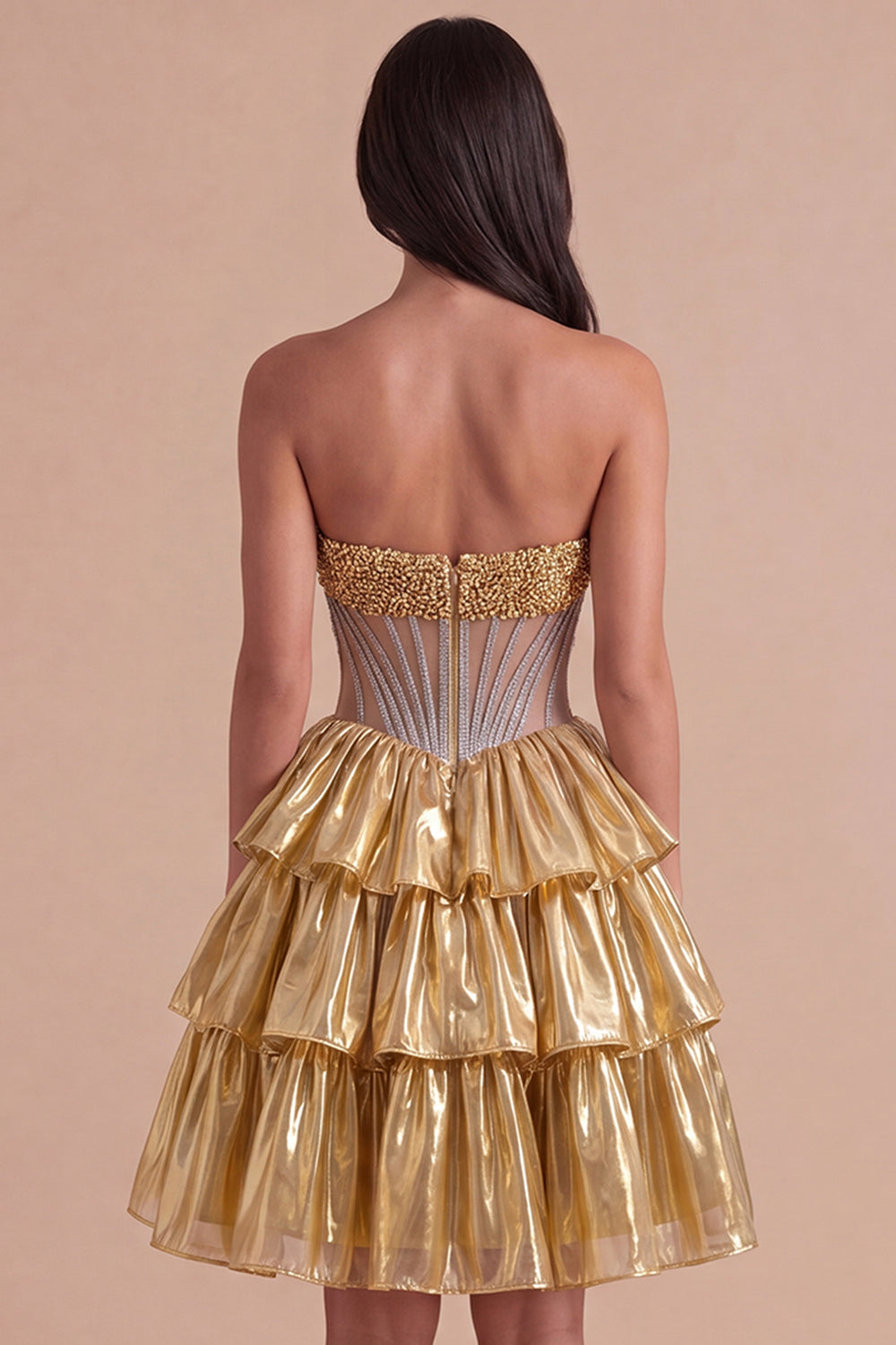 Sparkly Beaded Golden A Line Tiered Short Homecoming Dress