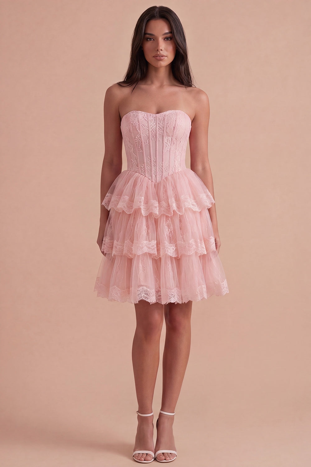 Pink Corset Floral Ruffled Strapless Short Homecoming Dress