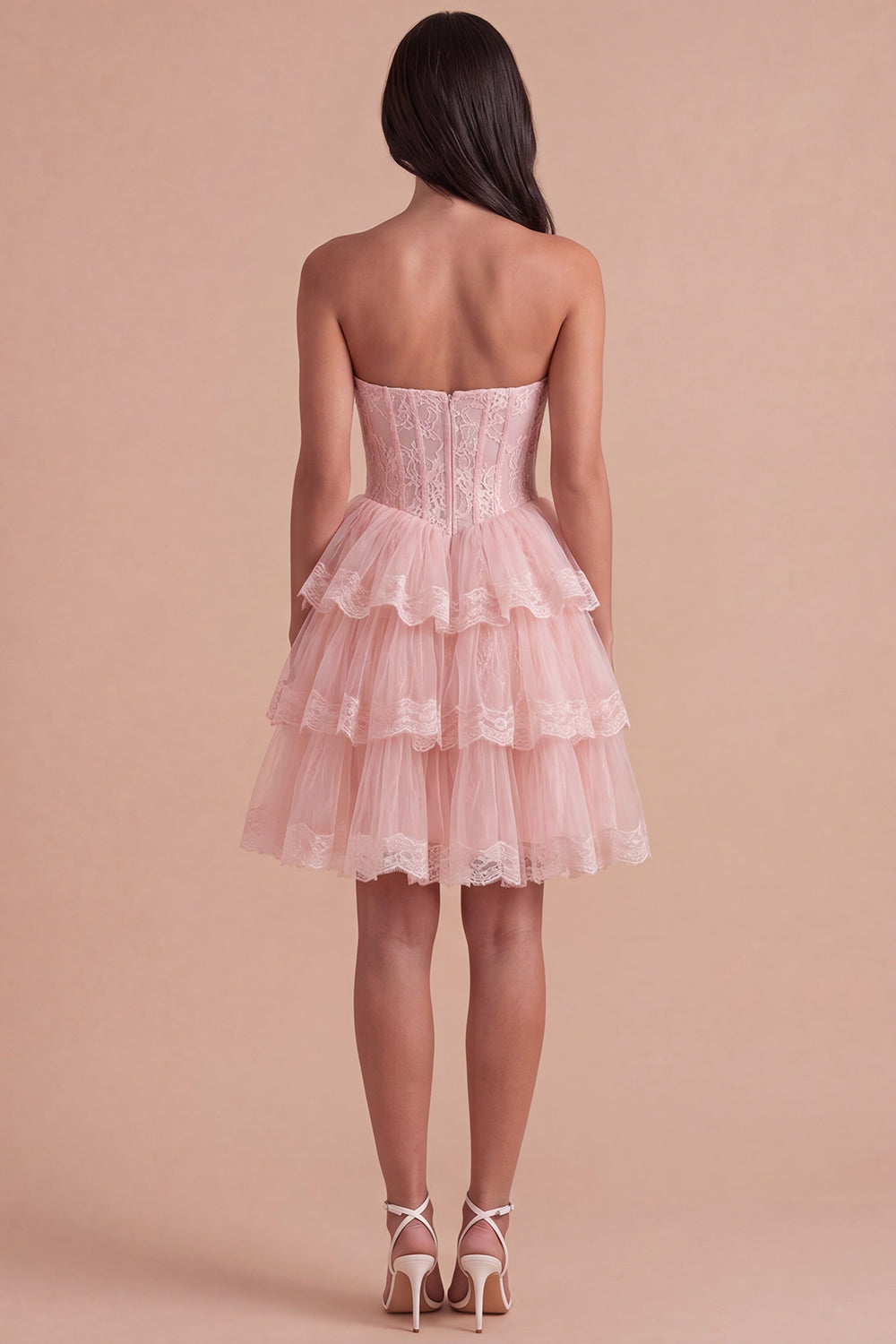 Pink Corset Floral Ruffled Strapless Short Homecoming Dress