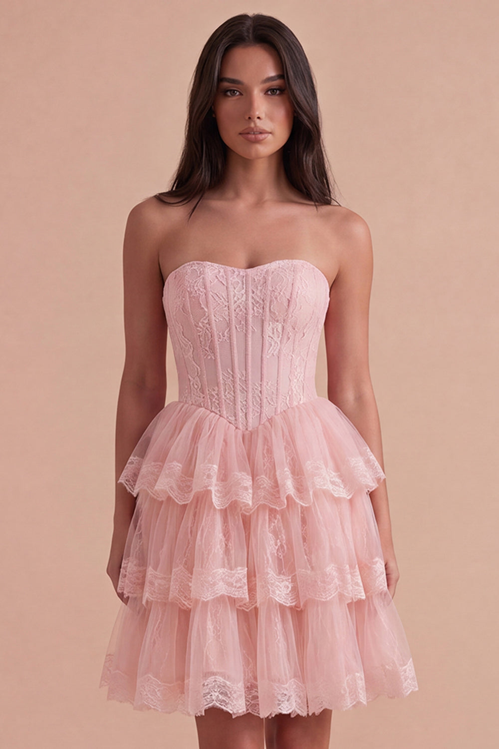 Pink Corset Floral Ruffled Strapless Short Homecoming Dress