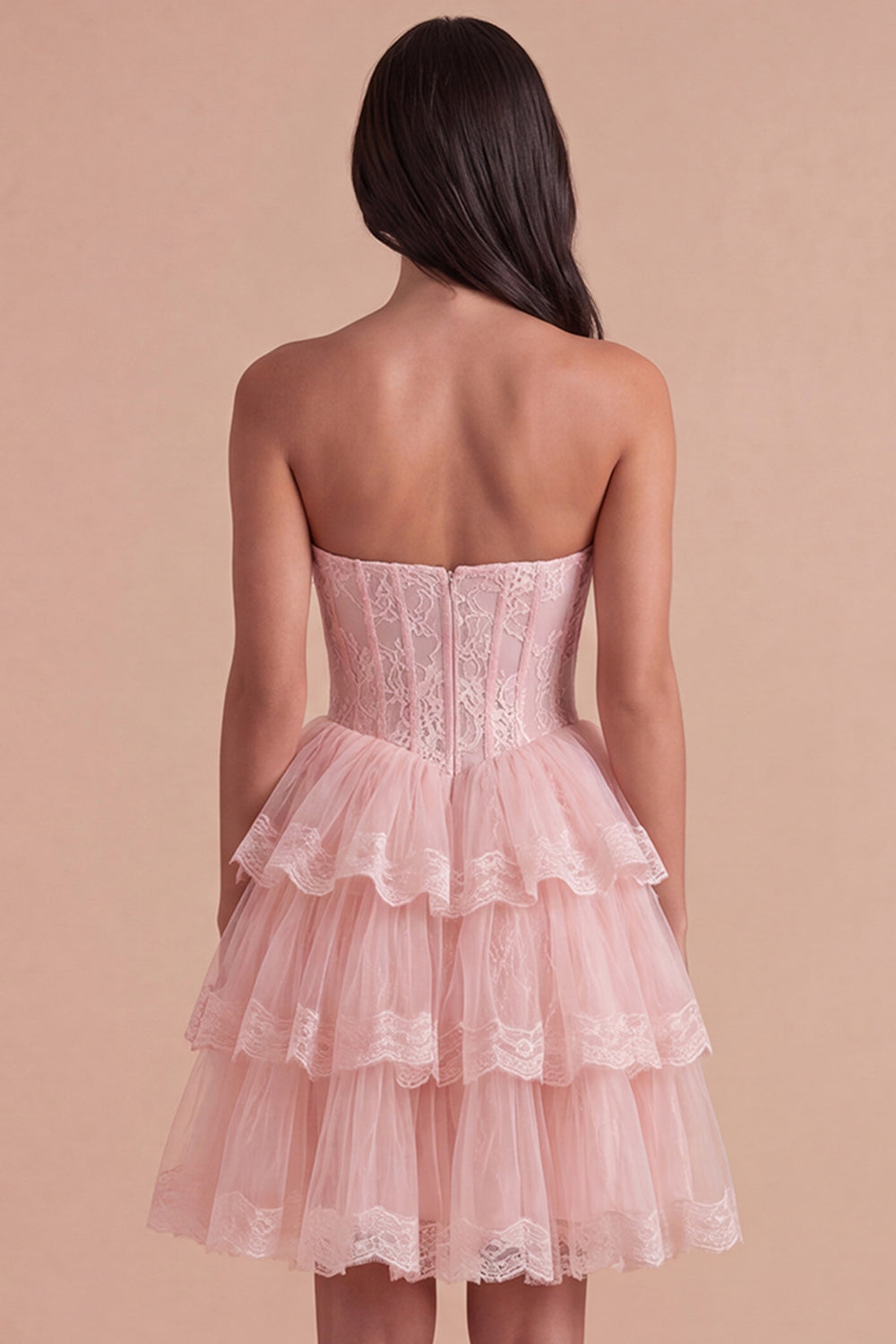 Pink Corset Floral Ruffled Strapless Short Homecoming Dress
