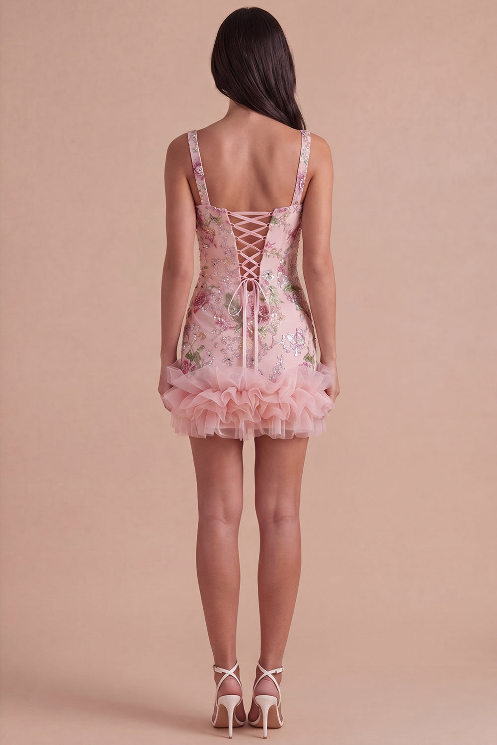 Ruffled Thick Straps Pink Floral Sequined Short Homecoming Dress
