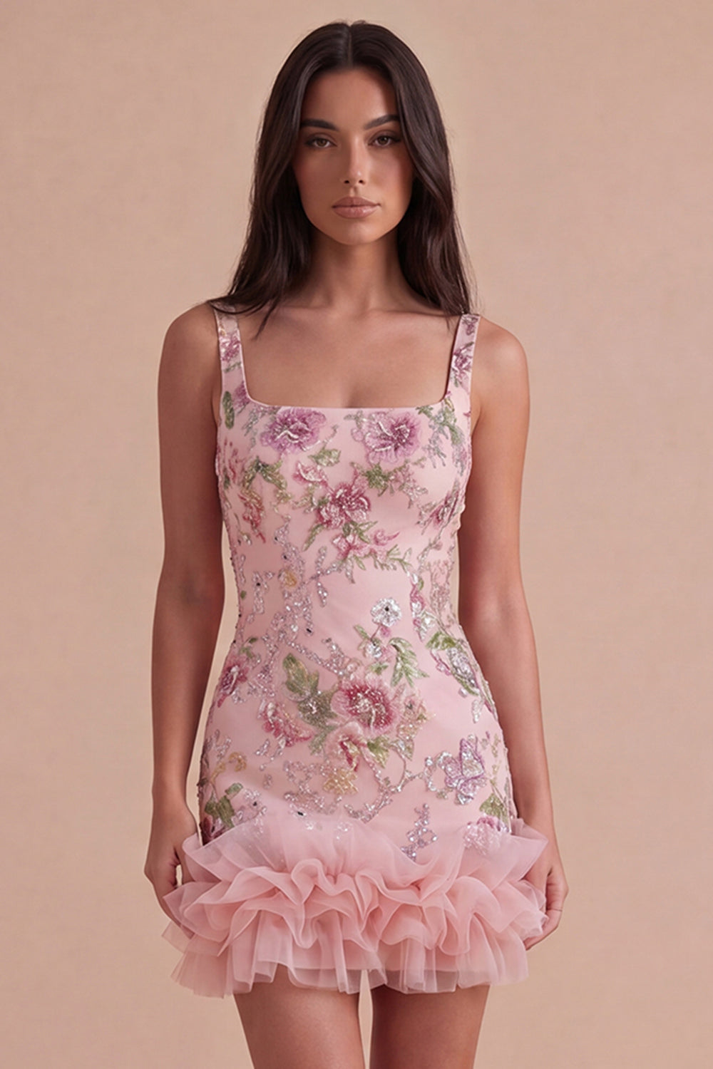 Ruffled Thick Straps Pink Floral Sequined Short Homecoming Dress