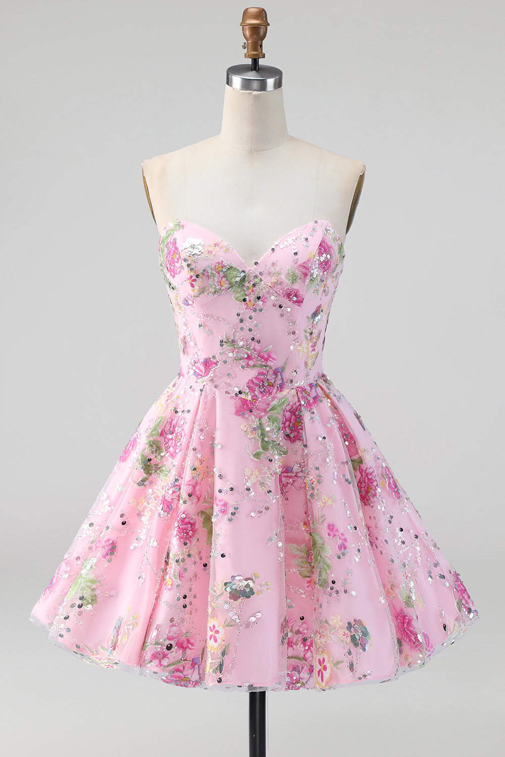 Sparkly A Line Black Floral Sweetheart Short Homecoming Dress