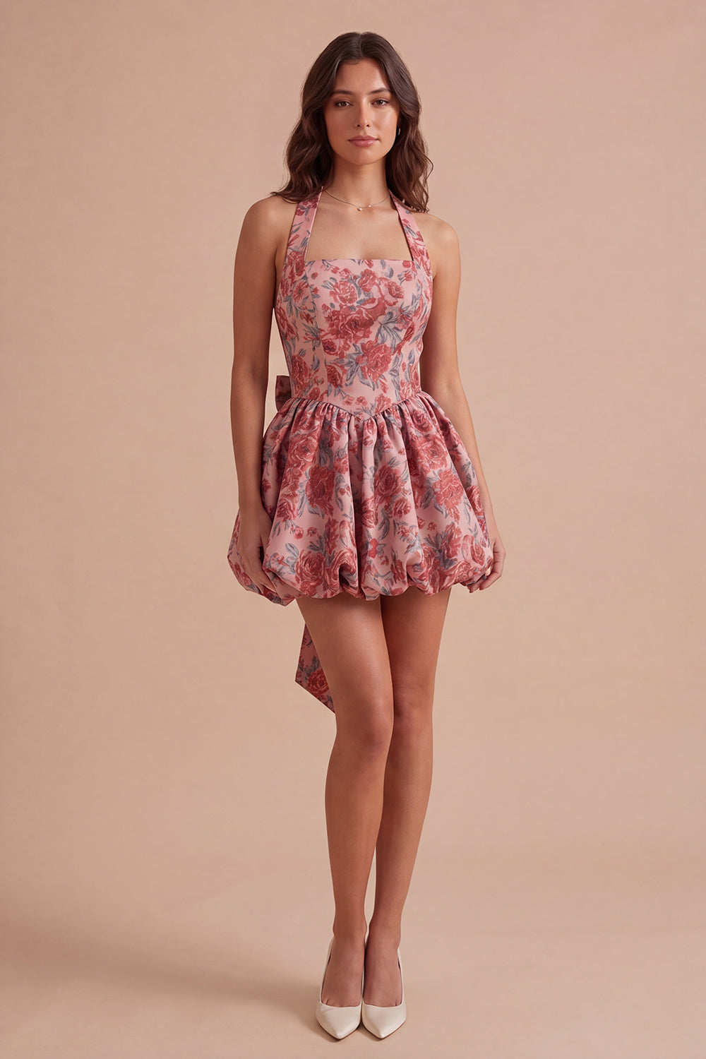 Red Floral A Line High Waist Short Homecoming Dress with Bow