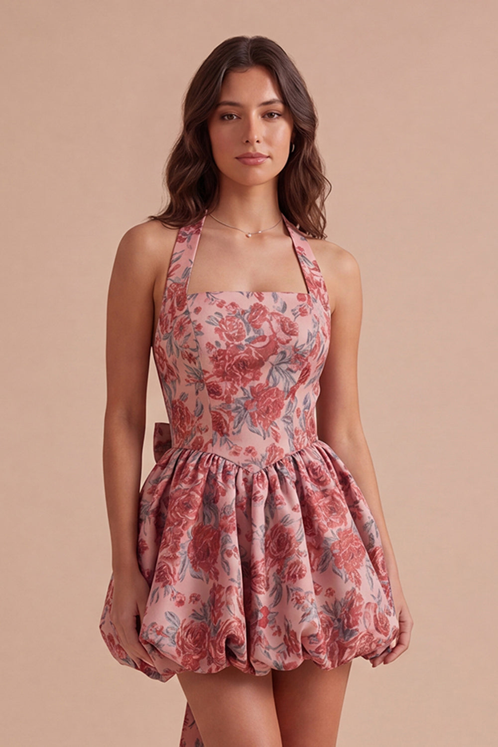 Red Floral A Line High Waist Short Homecoming Dress with Bow
