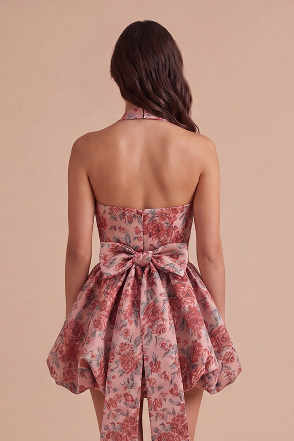 Red Floral A Line High Waist Short Homecoming Dress with Bow