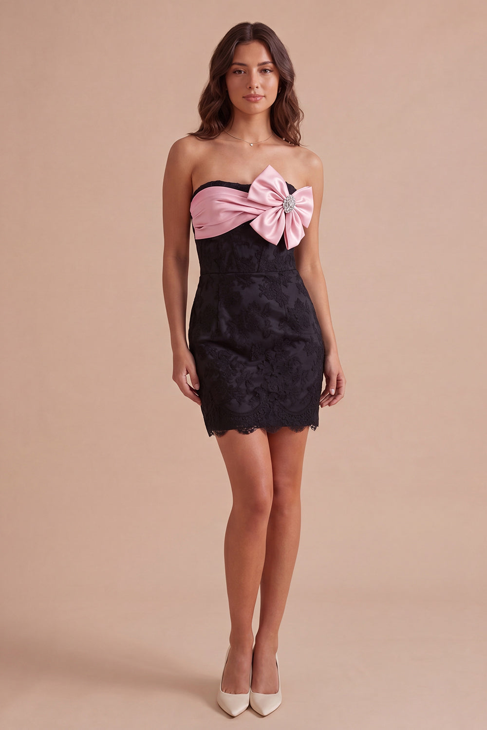 Black Pink Bodycon Floral Strapless Short Homecoming Dress with Bow
