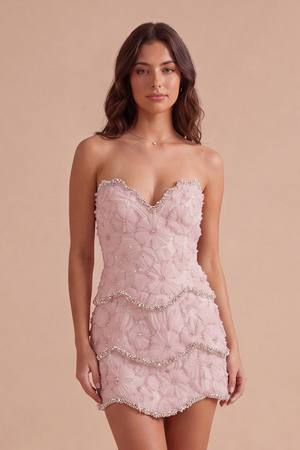 Sparkly Pink Beaded Bodycon Floral Short Homecoming Dress