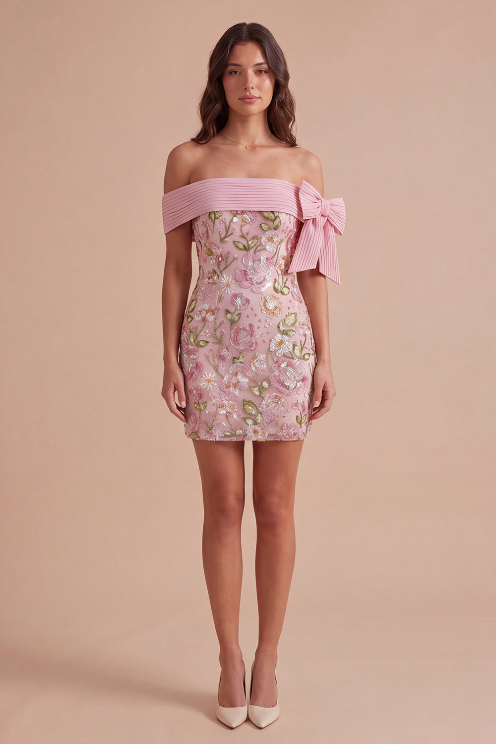 Off the Shoulder Sparkly Pink Floral Short Homecoming Dress