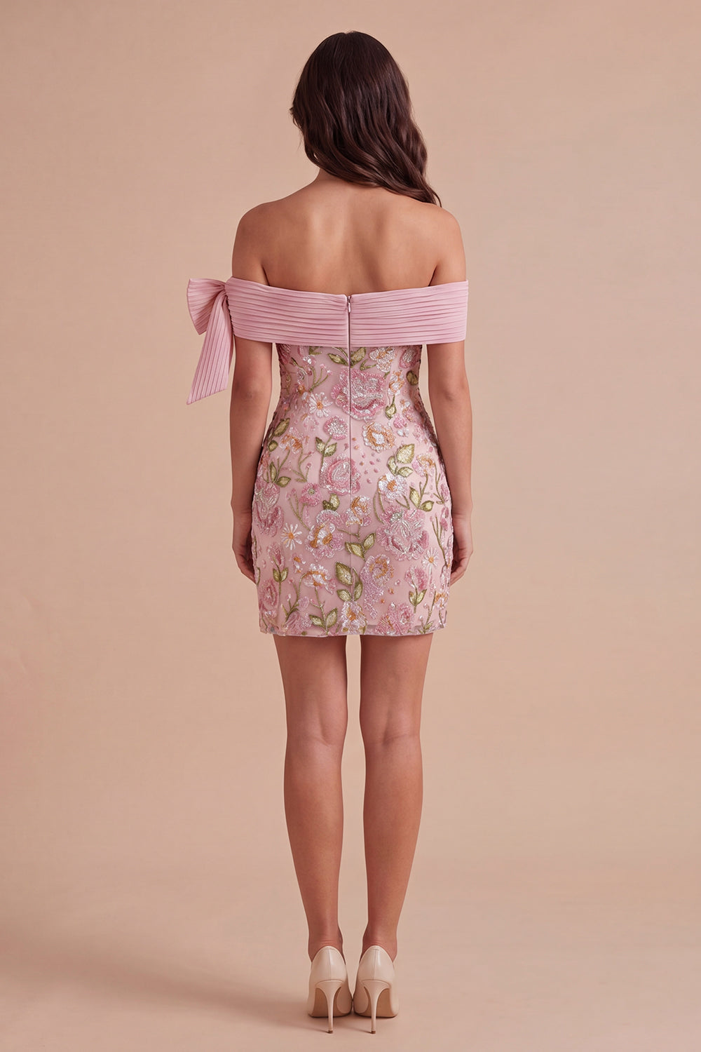 Off the Shoulder Sparkly Pink Floral Short Homecoming Dress