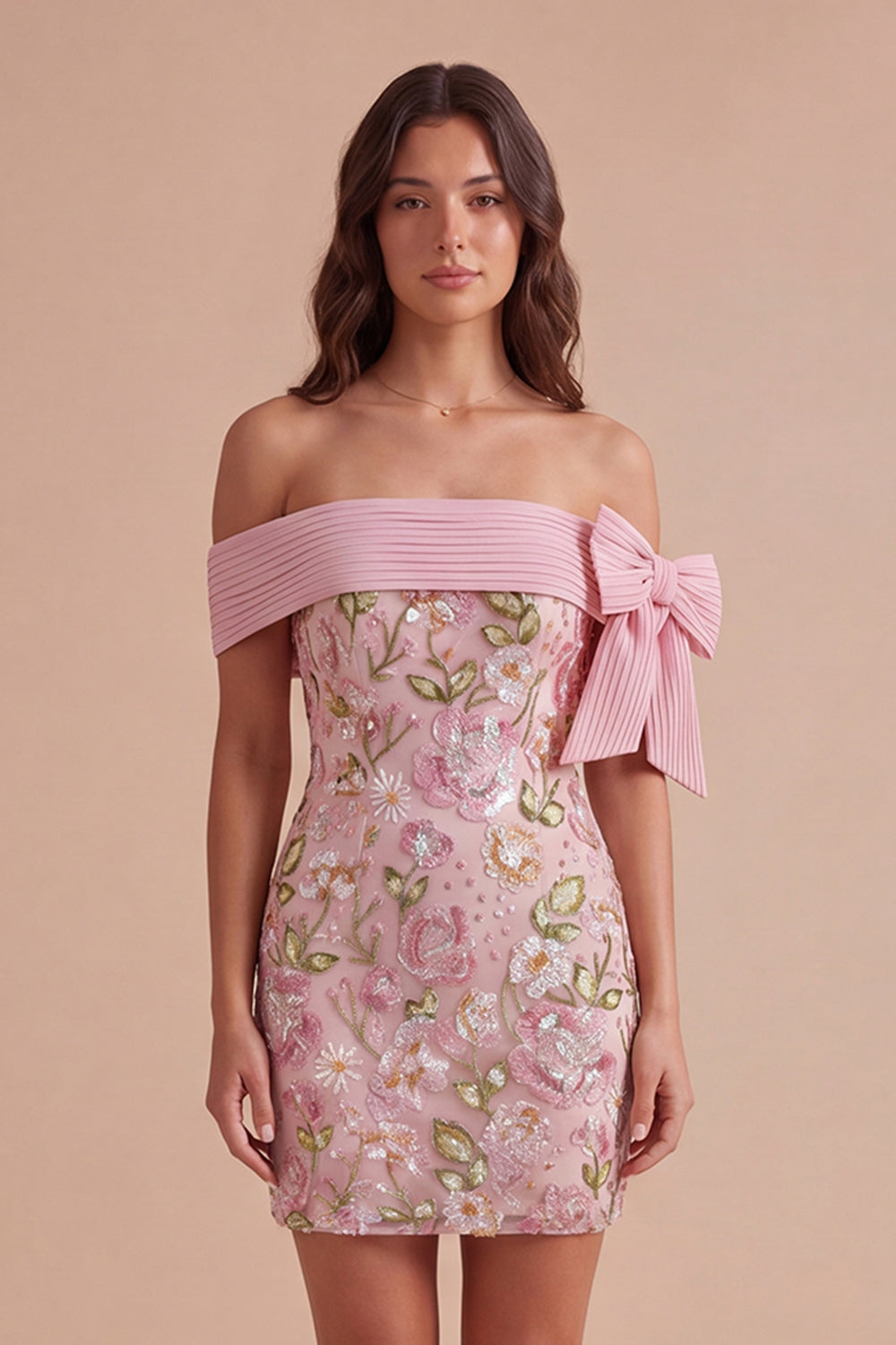 Off the Shoulder Sparkly Pink Floral Short Homecoming Dress