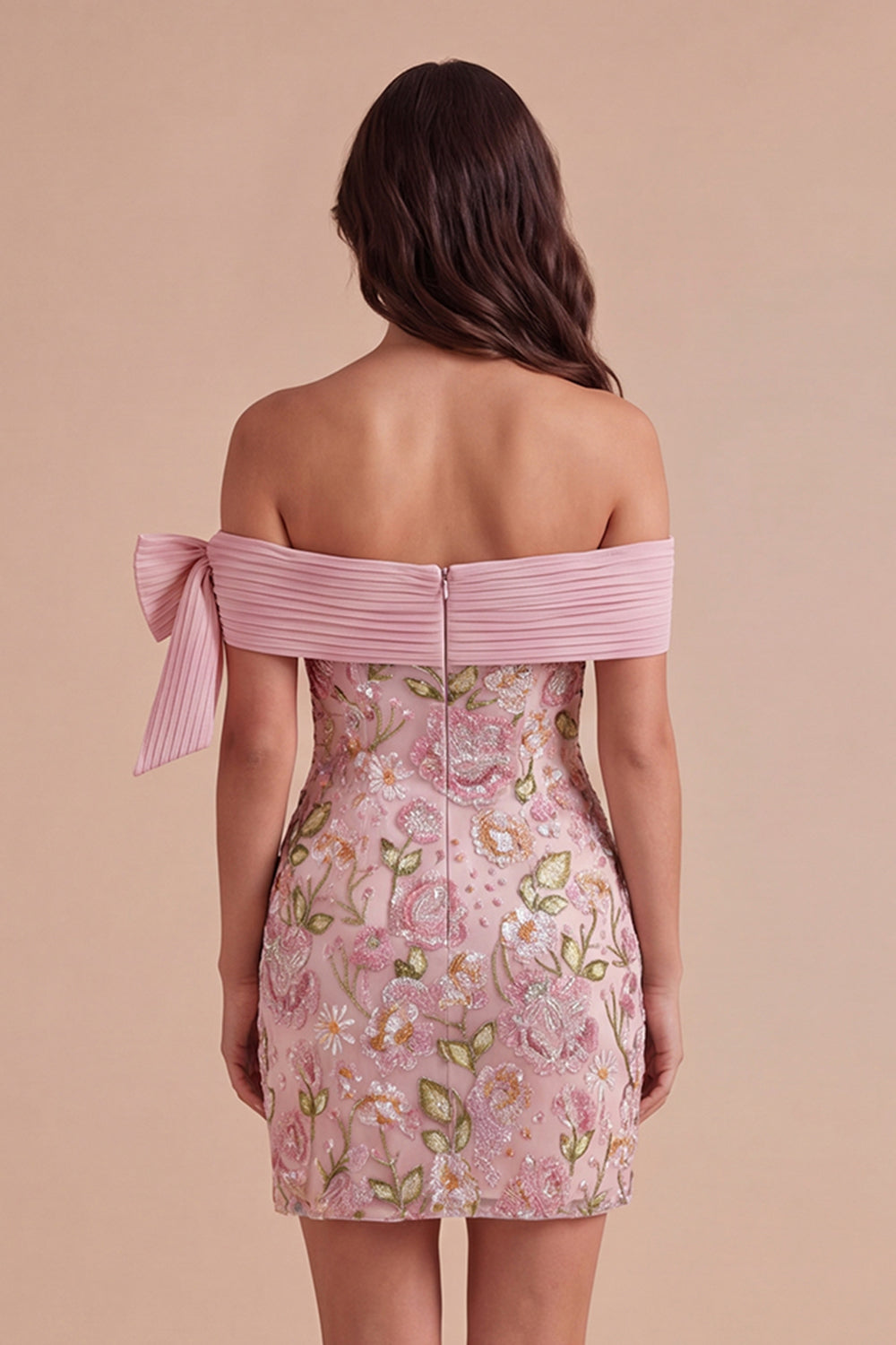 Off the Shoulder Sparkly Pink Floral Short Homecoming Dress
