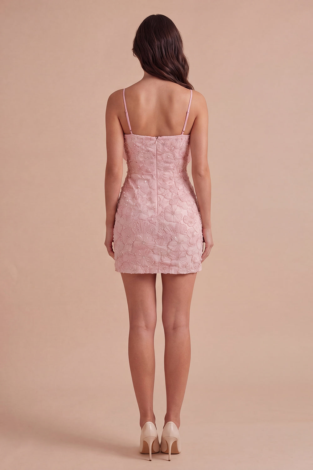 Sparkly Pink Beaded Short Bodycon Floral Homecoming Dress with Bow