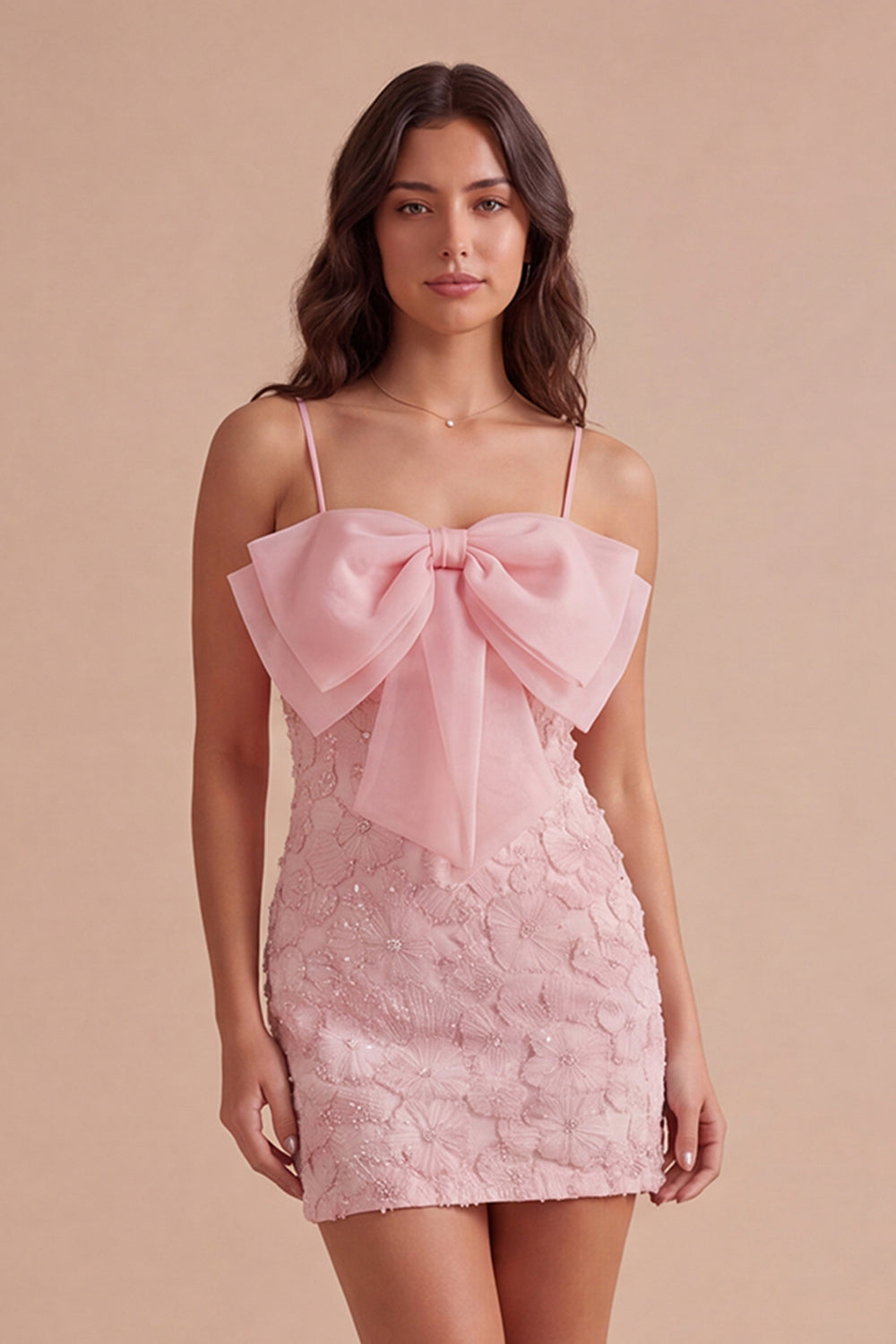 Sparkly Pink Beaded Short Bodycon Floral Homecoming Dress with Bow