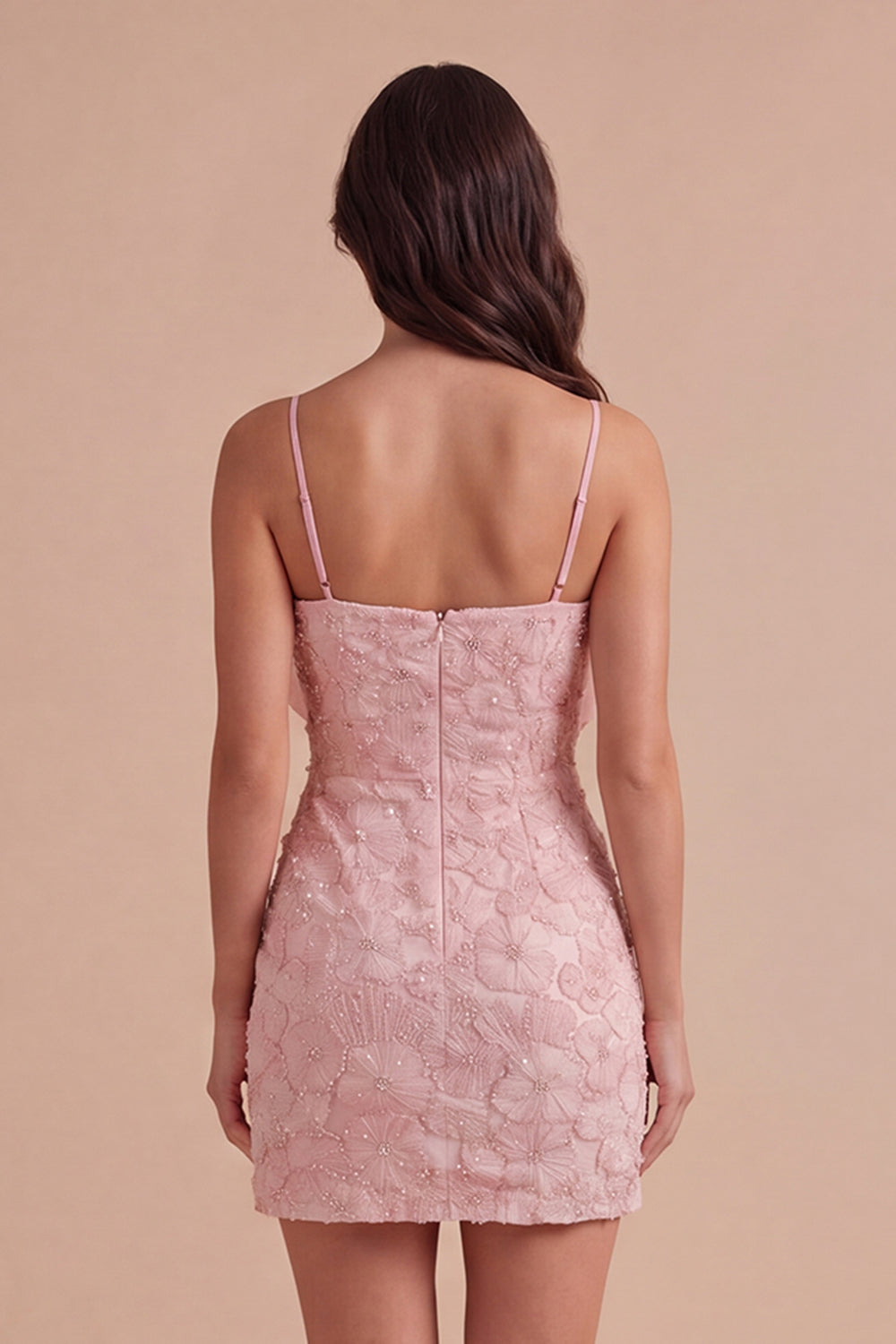 Sparkly Pink Beaded Short Bodycon Floral Homecoming Dress with Bow