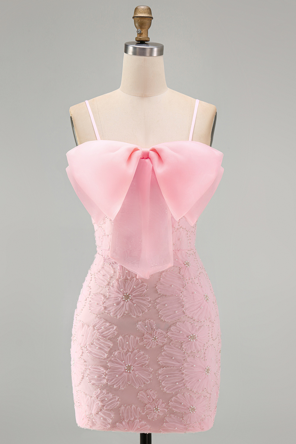 Sparkly Pink Beaded Short Bodycon Floral Homecoming Dress with Bow
